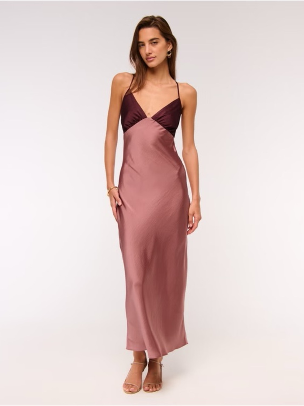 Abercrombie & Fitch Two-Tone Satin Maxi Dress in Dusty Rose and Burgundy